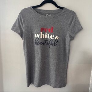 NWOT, Women’s Gray Graphic Tee with Stars & Stripes Design, Size S